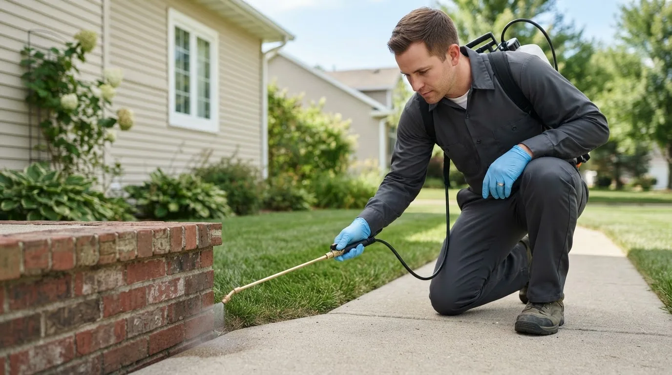 Pest control technician treating a home near Myra, WV
