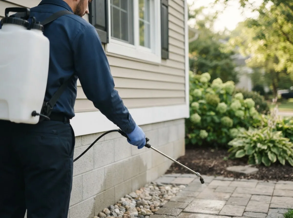 Pest control technician inspecting a home in Myra, WV
